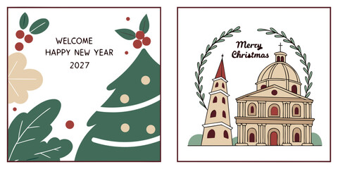 Side-by-Side Holiday Greeting Card with Leafy Tree Design and Foliage-Framed Church Scene for Merry Christmas and Happy New Year 2027