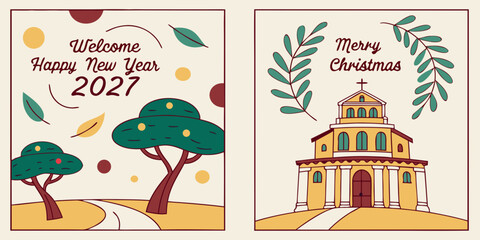 Two-Panel Holiday Greeting Card with Ornamented Tree Landscape and Leaf-Framed Church Scene for Merry Christmas and Happy New Year 2027