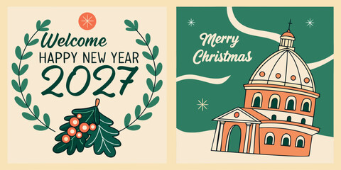 Merry Christmas & Happy New Year 2027 &ndash; Wreath, Cathedral & Festive Greeting Design