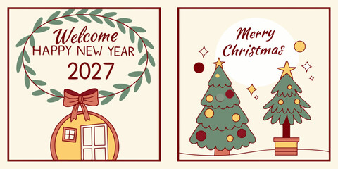 Merry Christmas & Happy New Year 2027 &ndash; Wreath, Ornament & Twin Tree Holiday Greeting