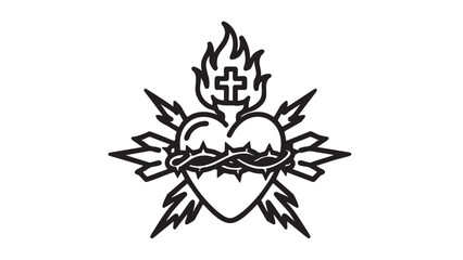 Obraz premium A sacred heart surrounded by flames and thorns is depicted in a simple black line drawing