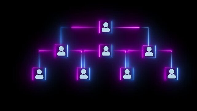 c Neon Organizational Chart Animation Showing Hierarchical Network Of Connected User Icons For Business Management And Artificial Intelligence Systems.
