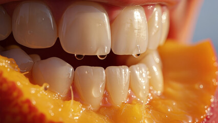 Close-up of teeth biting into a juicy orange slice with visible juice droplets on the teeth