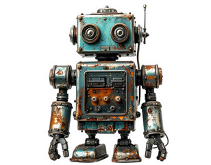 Fototapeta premium A vintage, metallic robot with teal and rust-colored details, stands upright