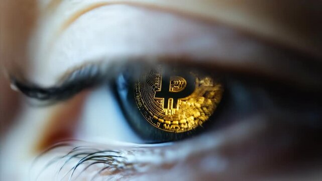 Womans eye with bitcoin cryptocurrency reflection. Digital currency in pupil. Cryptocurrency investment and finance technology concept.