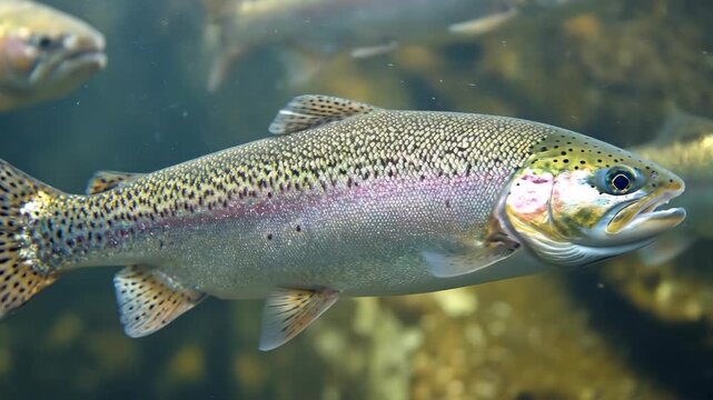 Adult rainbow trout fish swimming gracefully in freshwater. Aquatic animal wildlife in a natural environment.