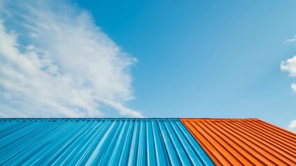 Blue and orange corrugated roof against a moving sky, showing clouds shifting across a sunny day - Powered by Adobe