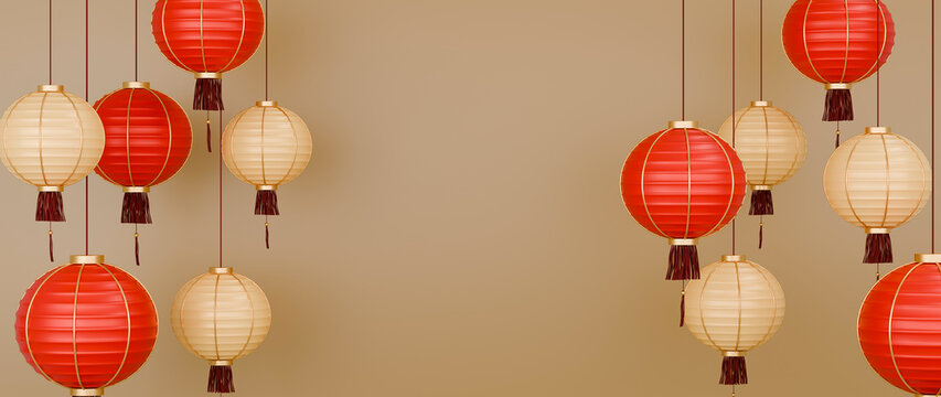 Red and gold hanging lantern . Decorations for the Chinese New Year. Chinese lantern festival, 3d render design. Horizontal poster, greeting card with empty space for text