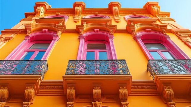Brightly colored building exterior with decorative pink window frames and black wrought iron balconies under a clear blue sky