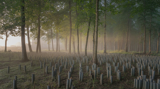 Aufforstung junger B&auml;ume im Nebel bei Sonnenaufgang