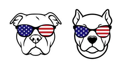 American Staffordshire terrier and American pit bull terrier wearing USA flag print sunglasses. Cool dogs wearing American flag print sunglasses. Hand drawn vector illustration.
