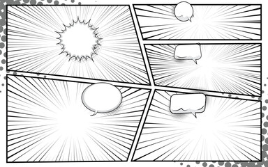Black and white comic background with halftone effect. Comic page template with divided frames.