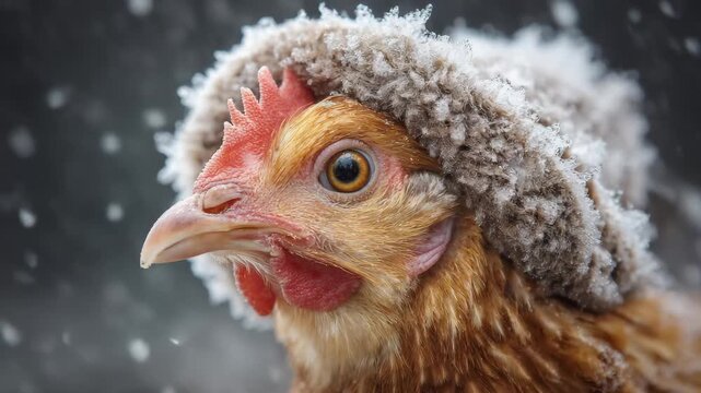 Curious chicken in snow