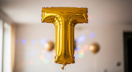 Golden Letter T Balloon in Party Decoration with Soft Focus and Rainbow Lighting for Celebration