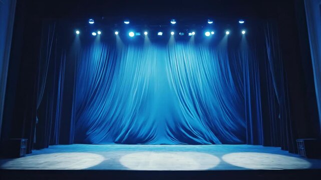 Blue theatrical curtain rising on a stage with spotlights illuminating the floor. Empty theater interior for event or performance.