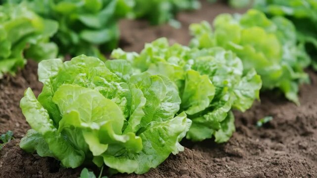 Green lettuce plants grow in a neat row in a rich soil bed, showcasing fresh organic produce agriculture