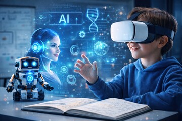 Exploring the Future of Technology: A Child Engages with AI, VR, and Robotics in a Captivating Educational Experience