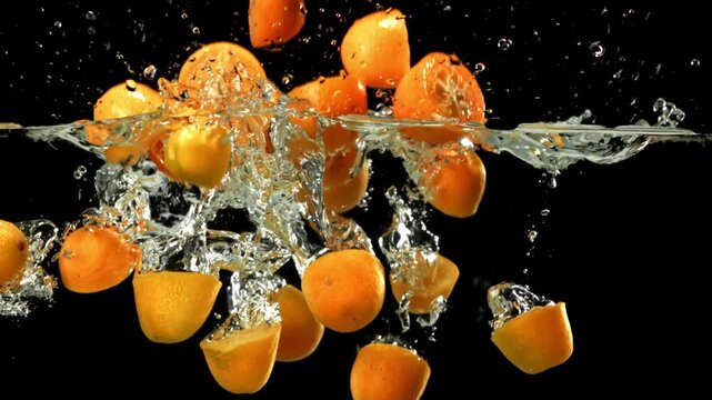 Super slow motion fresh kumquat . Filmed on a high-speed camera at 1000 fps. High quality FullHD footage