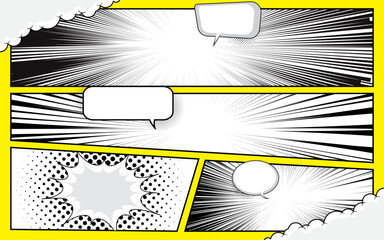 Cartoon book superhero scrapbook page template, graphic art frame vector layout template illustration.