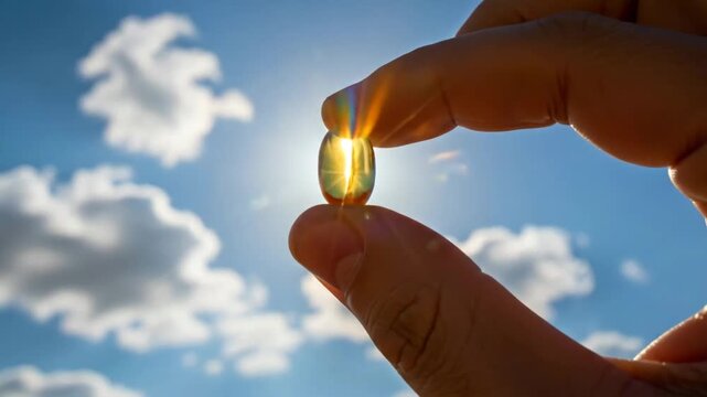 Fingers twisting golden softgel capsule against sunshine rays with lens flare on blue sky. Vitamin D, fish oil, CBD oil, Omega 3-6-9, Vitamin E supplements for health, nutrition, immune support