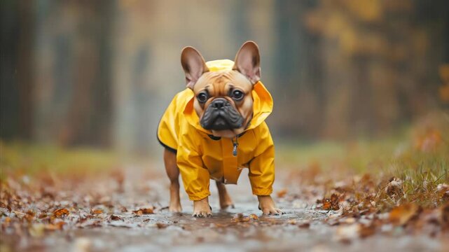 Small dog in a vibrant yellow raincoat standing, walking, and looking at the camera on a wet autumn park path with fallen leaves