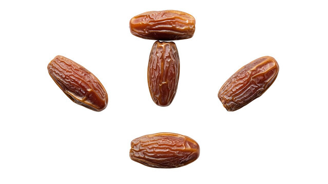 Five wrinkled brown dates isolated on a pure white background