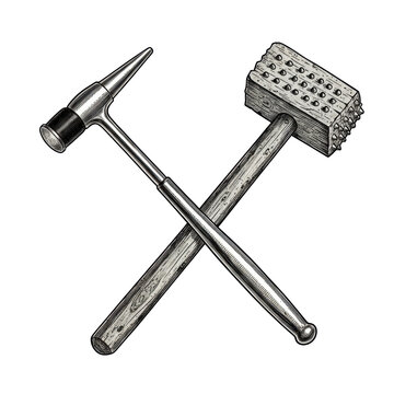 Black and white vintage engraving of a crossed reflex hammer and meat mallet on a white background. Emblem of medical and culinary craftsmanship