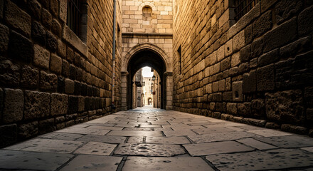 Narrow stone alleyway leading through an ancient arched gateway
