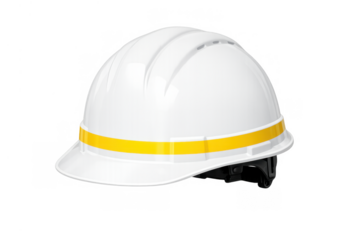 White hard hat with yellow stripe representing safety, protection, and industrial work, transparent background