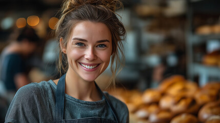Smiling Young Woman in Casual Attire at Local Bakehouse: Friendly Artisan Bread Barista Portrait in Warm Bakery Setting