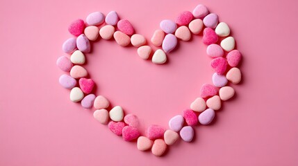 Obraz premium A heart shape made of colorful candies on a pink background for Valentine's Day