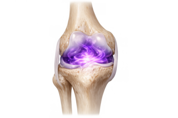 Human knee joint showing inflammation and pain with glowing purple energy, illustrating medical anatomy and arthritis concept