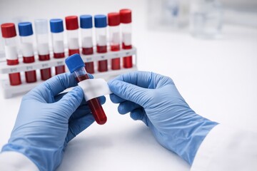 Laboratory Technician Holding Blood Sample Tube for Analysis, Surrounded by Multiple Tubes Displaying Vivid Red Contents in a Clinical Environment