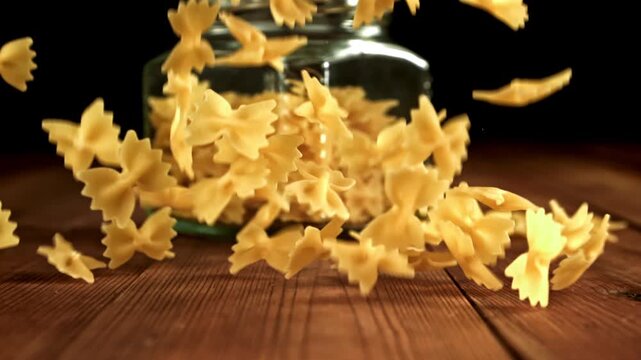 Super slow motion dry farfalle pasta . Filmed on a high-speed camera at 1000 fps. High quality FullHD footage