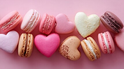 Obraz premium A colorful assortment of heart-shaped macarons and cookies on a pink background