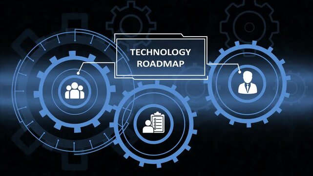 Technology Roadmap Concept Illustration with Interlocking Gears and Business Icons on a Dark Blue Futuristic Digital Background for Strategic Corporate Planning