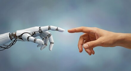 Human and robotic hand touching fingertips in futuristic scene