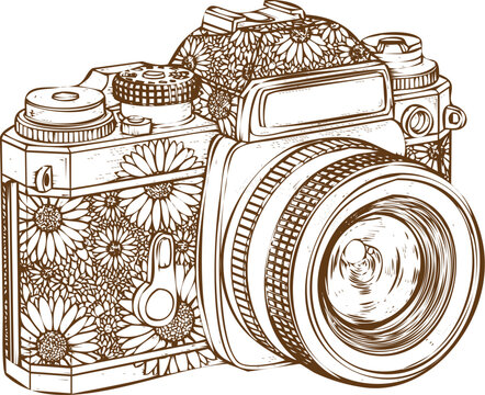 An engraving art vintage camera with daisy flower pattern illustration sketch