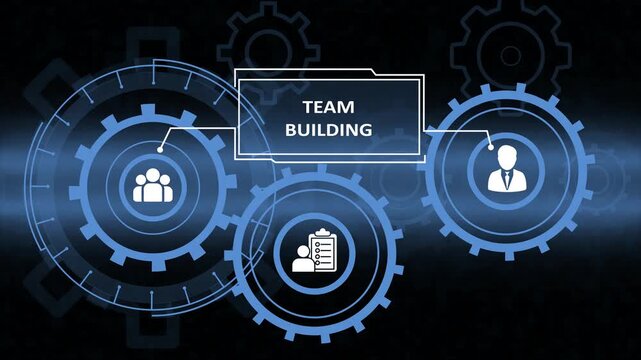 A professional digital illustration depicting team building strategy, featuring interlocking blue gears with human resource icons and a central text overlay on a dark technological background.