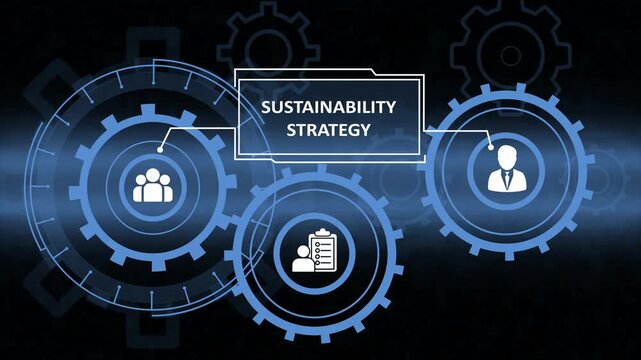 A futuristic digital interface displaying a Sustainability Strategy concept. Glowing blue gears interlock with icons representing teamwork, management, and leadership, highlighting corporate process