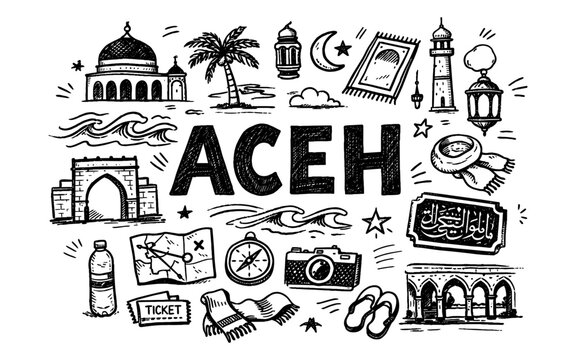 Doodle illustration of Aceh landmarks and travel essentials with the word Aceh prominently displayed