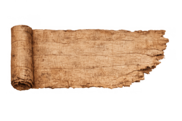 Ancient papyrus scroll with torn edges unrolling, presenting historical texture and vintage parchment background on transparent