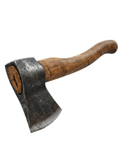 A photorealistic vintage woodman's hand axe with a distressed steel head and weathered hickory handle isolated on a white background. Concept of rugged survival