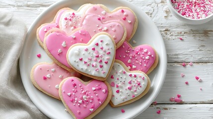 A plate of heart-shaped cookies with pink and white frosting and sprinkles on a white wooden table