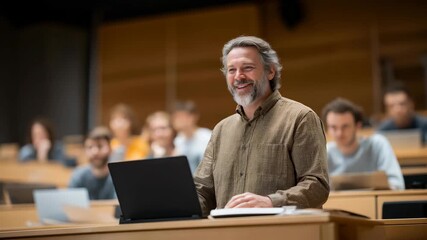 A university professor delivering a lecture in a modern auditorium, large digital slides glowing behind them as students take notes on laptops and tablets. cinematic color correction, natural - Powered by Adobe