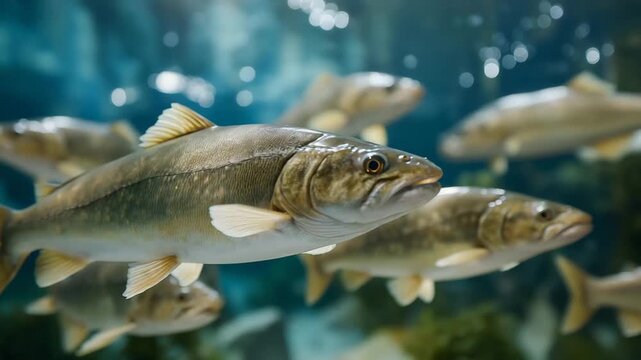 An inland aquaculture operation using recirculating water systems, emphasizing water conservation and eco-friendly fish production methods. cinematic color correction, natural uneven lighting yet