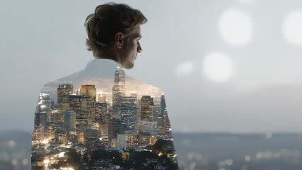 A double exposure of a human silhouette filled with a glowing city skyline and data streams, symbolizing digital transformation, remote work, and the future of smart urban life. cinematic color - Powered by Adobe