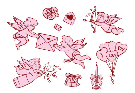 Hand drawn Valentine&rsquo;s Day illustration set with cute cupids and cherubs delivering love letters, shooting arrows and holding hearts. Whimsical romantic outline style for cards, stickers