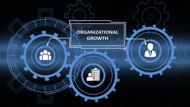 Futuristic Digital Illustration of Organizational Growth featuring Interlocking Gears Representing Teamwork, Management, and Leadership in a Business Context