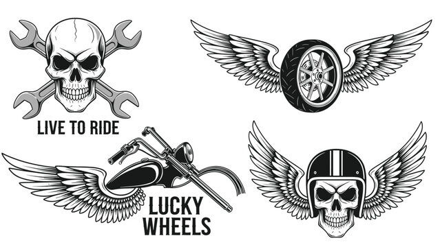 Collection of motorcycle culture graphics including skulls with wrenches, winged wheels, a chopper, and helmets in black and white.